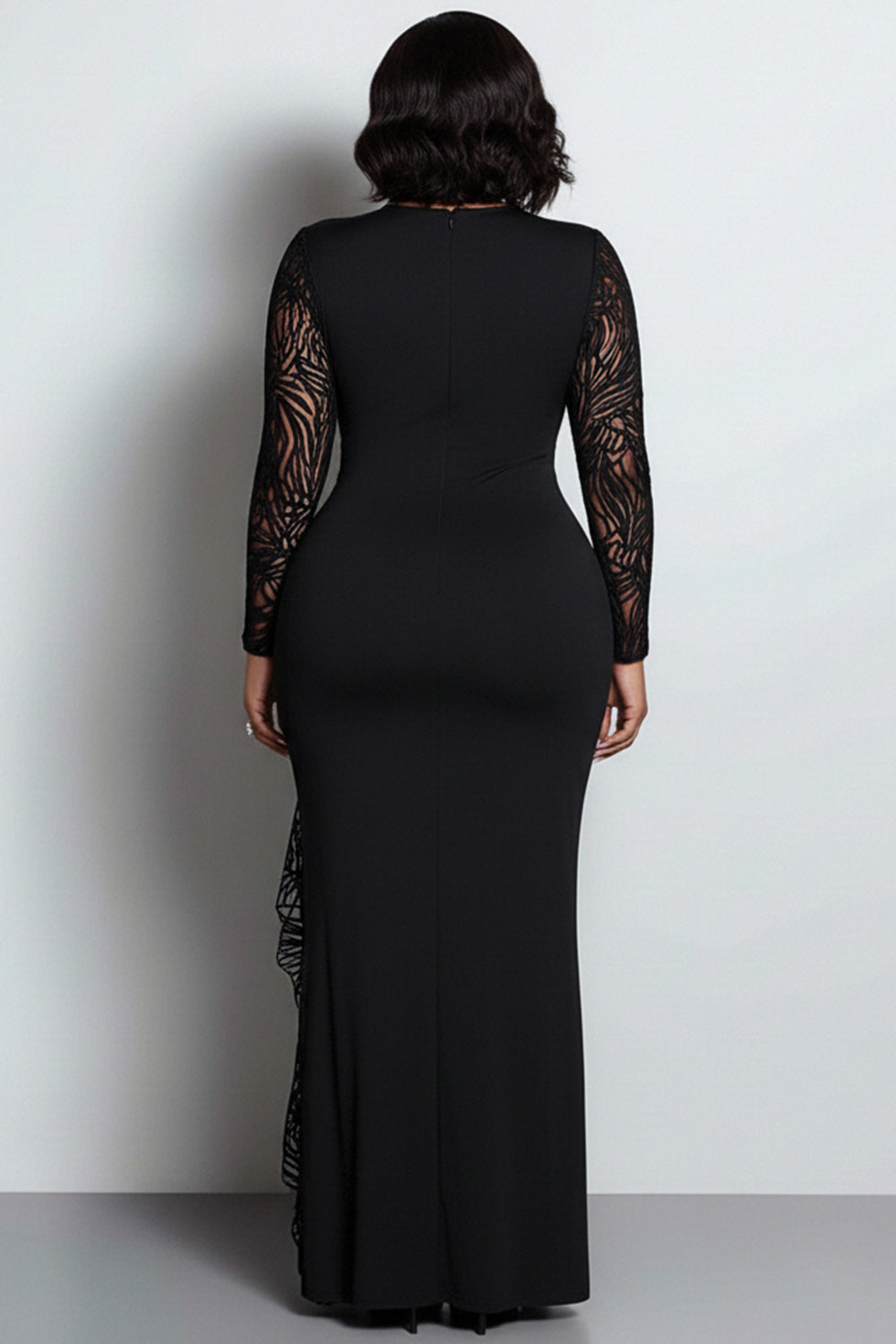 Black Round Neck Long Sleeve See Through Split Maxi Dresses