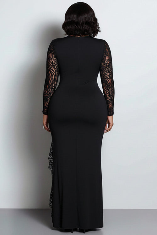 Black Round Neck Long Sleeve See Through Split Maxi Dresses