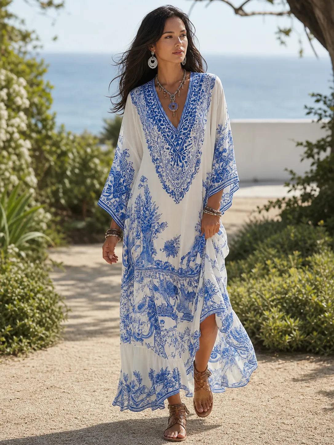 Bohemian Blue & White Porcelain Print V-Neck Maxi Dress