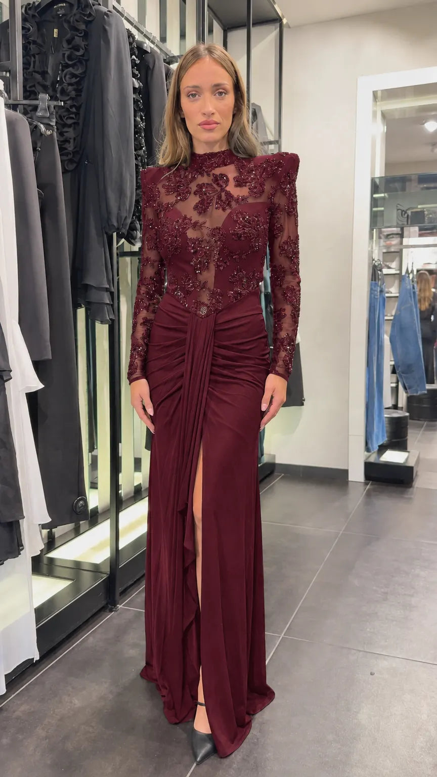 Embellished Long Sleeve Ruched Maxi Evening Dress