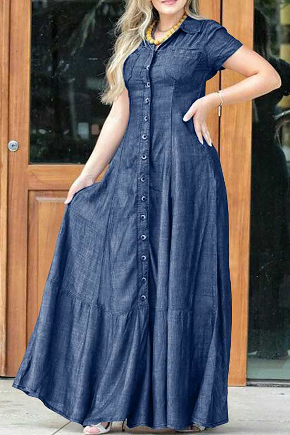 Plus Size Casual Dress Light Blue Button Shirt Collar Denim Maxi Dress With Pocket