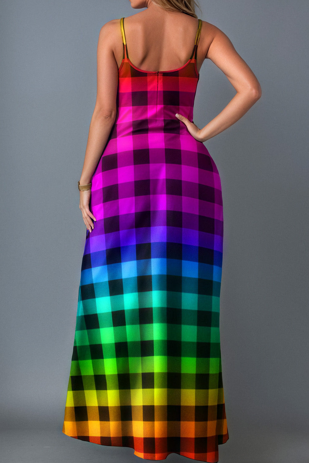 Casual Sundress Rainbow Gradient Plaid Pockets Cami Maxi Dress