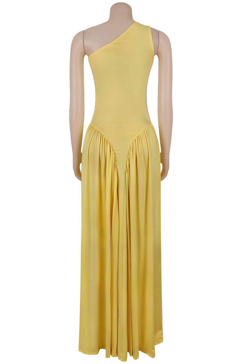 One Shoulder Cinch Waist Slim Fit Solid Color Maxi Dresses-Yellow