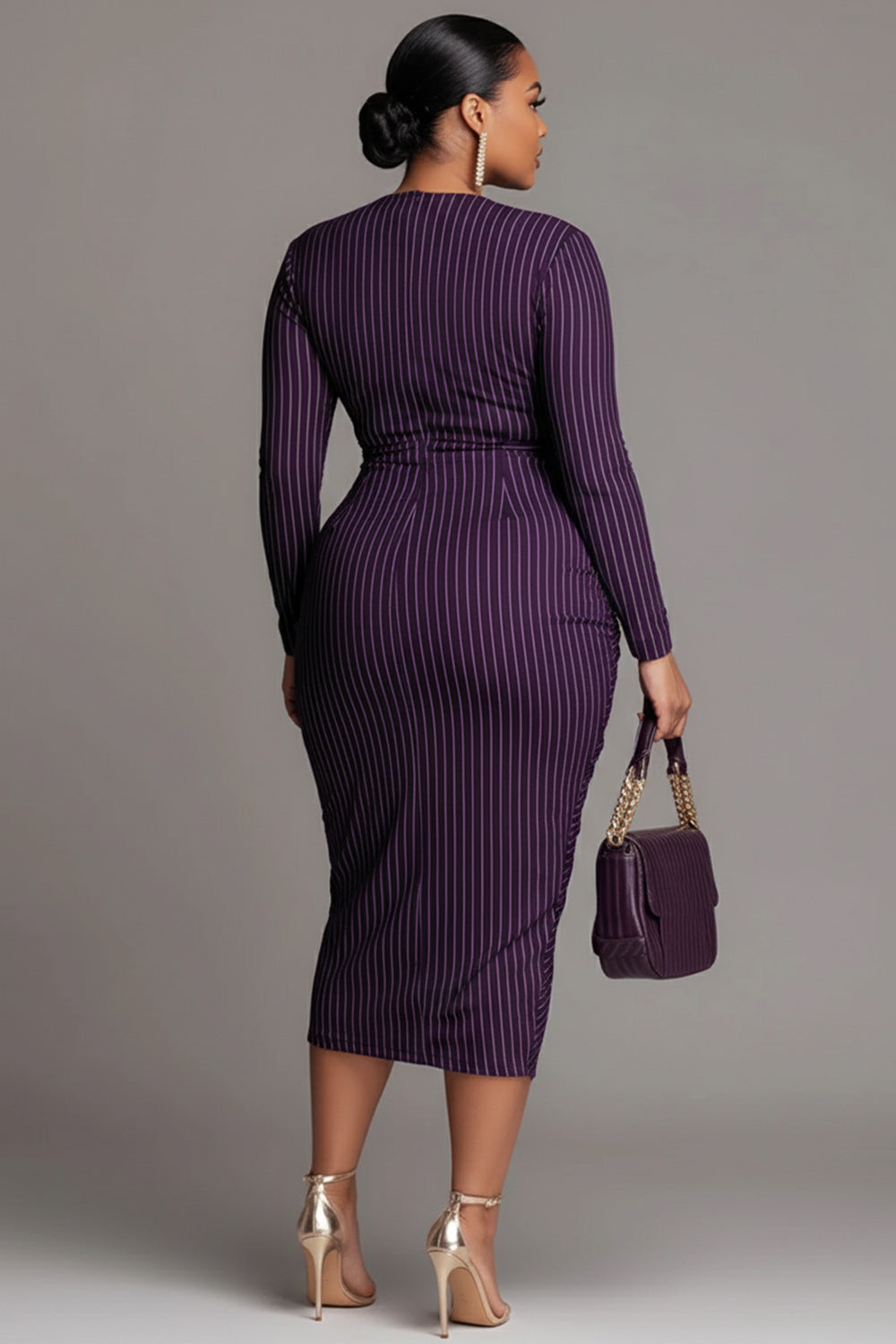 Business Casual Purple Striped Wrap Neck Long Sleeve Ruffled Elegant Midi Dresses