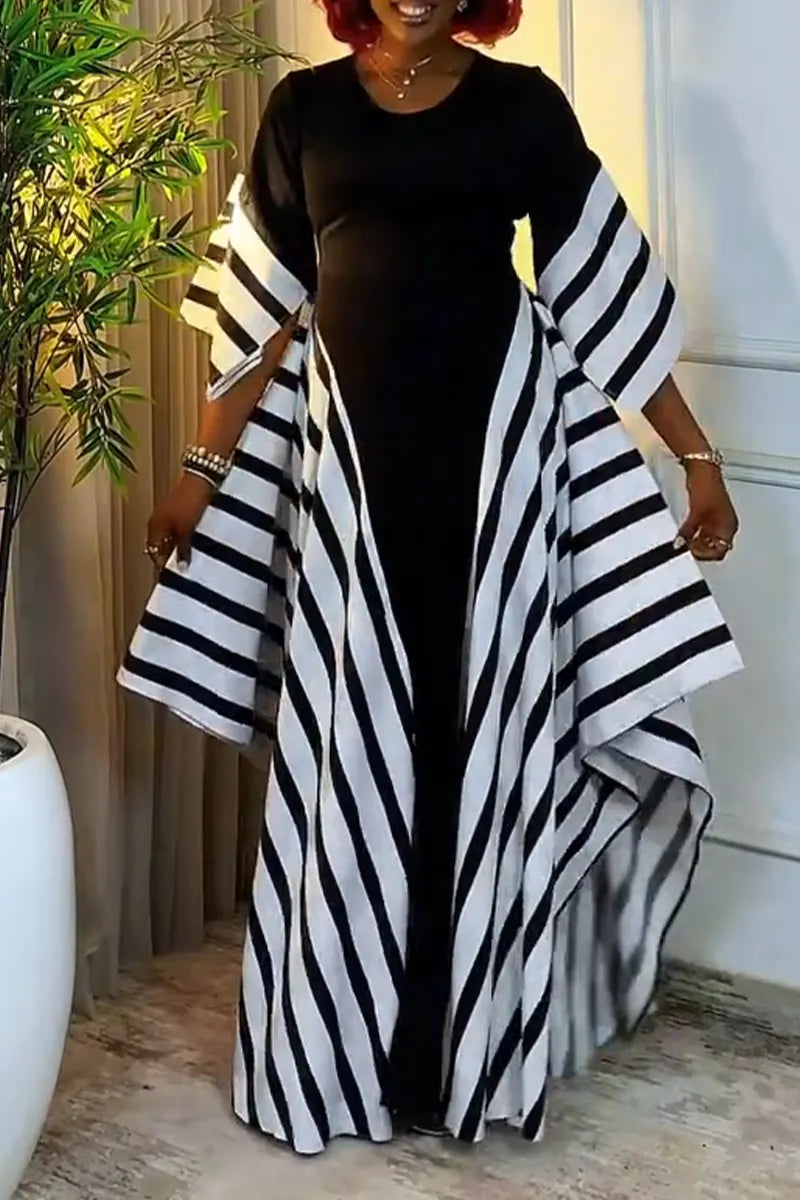 Women Round Neck Patchwork Striped Elegant Casual Maxi Dresses