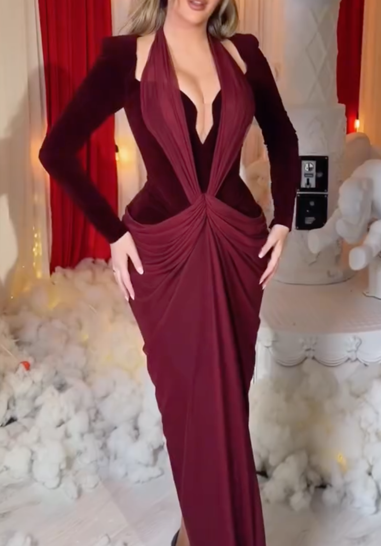 Burgundy Twist Front Maxi Dress with Deep V Neck