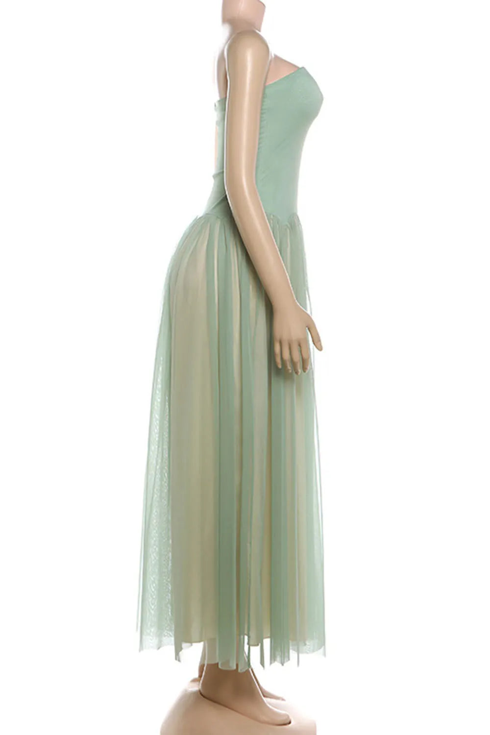 Plain Strapless Cinch Waist Mesh Patchwork Evening Gowns Maxi Dresses-Green
