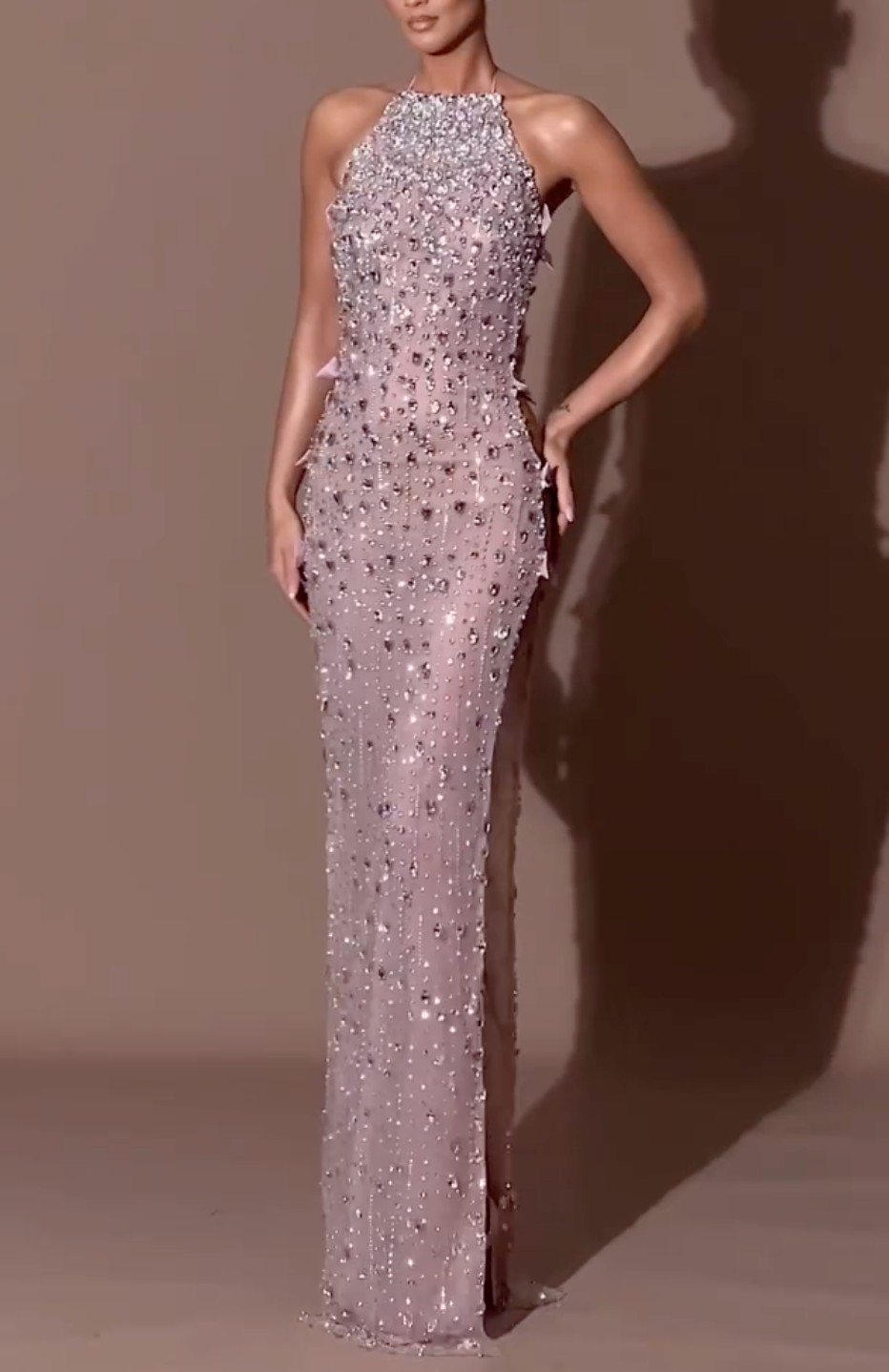 Blush Pink Beaded Halter Maxi Dress with Cutouts, High Slit & Pink Bow Details