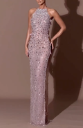 Blush Pink Beaded Halter Maxi Dress with Cutouts, High Slit & Pink Bow Details