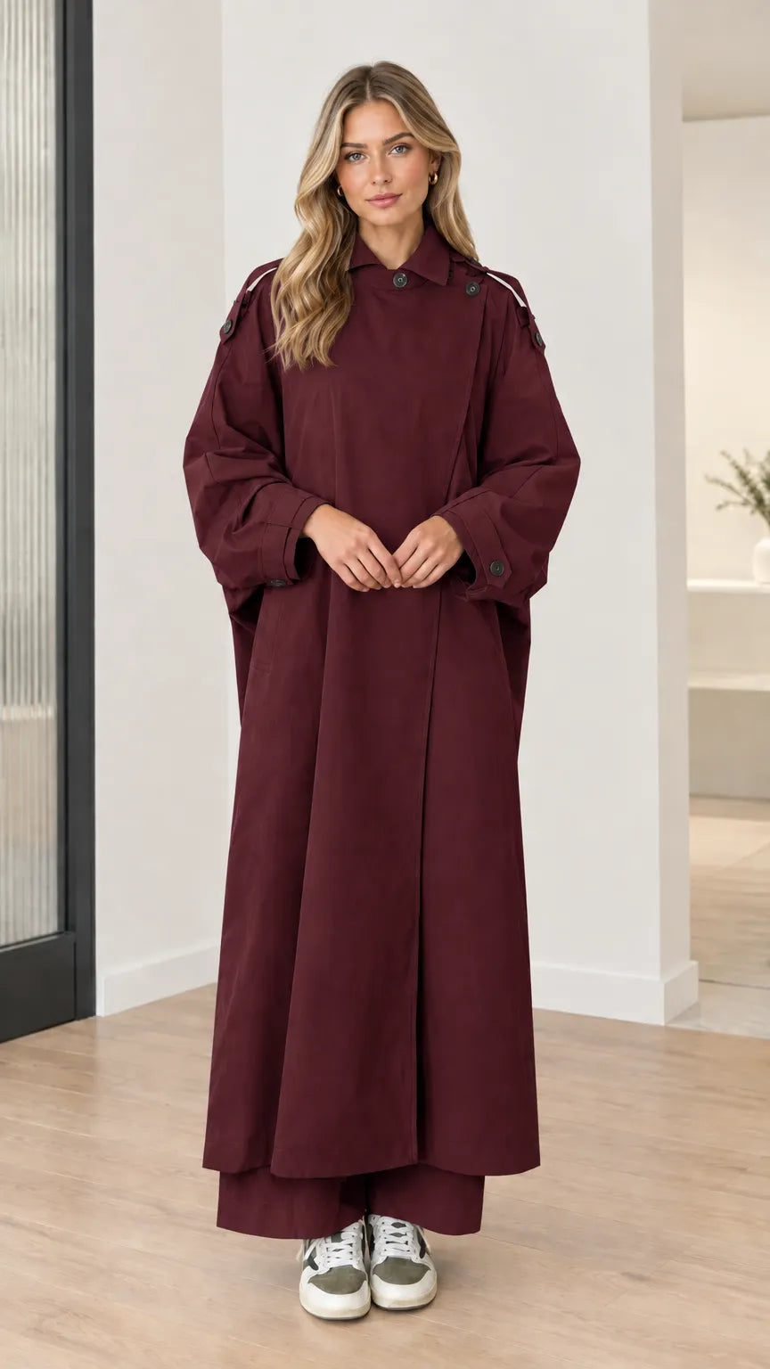 Women's Oversized Maxi Duster Trench Coat with Buttoned High Neck
