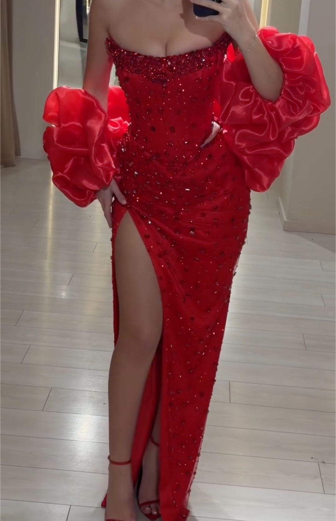 Red Strapless Beaded Maxi Dress with High Slit