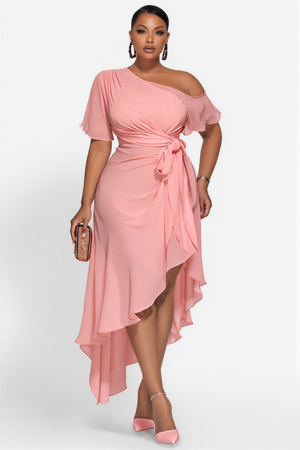 Cocktail Party Elegant Pink Oblique Collar Short Sleeve Ruffle Wrap Chiffon Midi Dresses