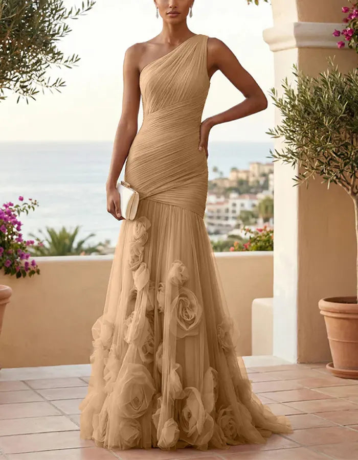Solid Color One Shoulder 3D Floral Mesh Fishtail Maxi Dress