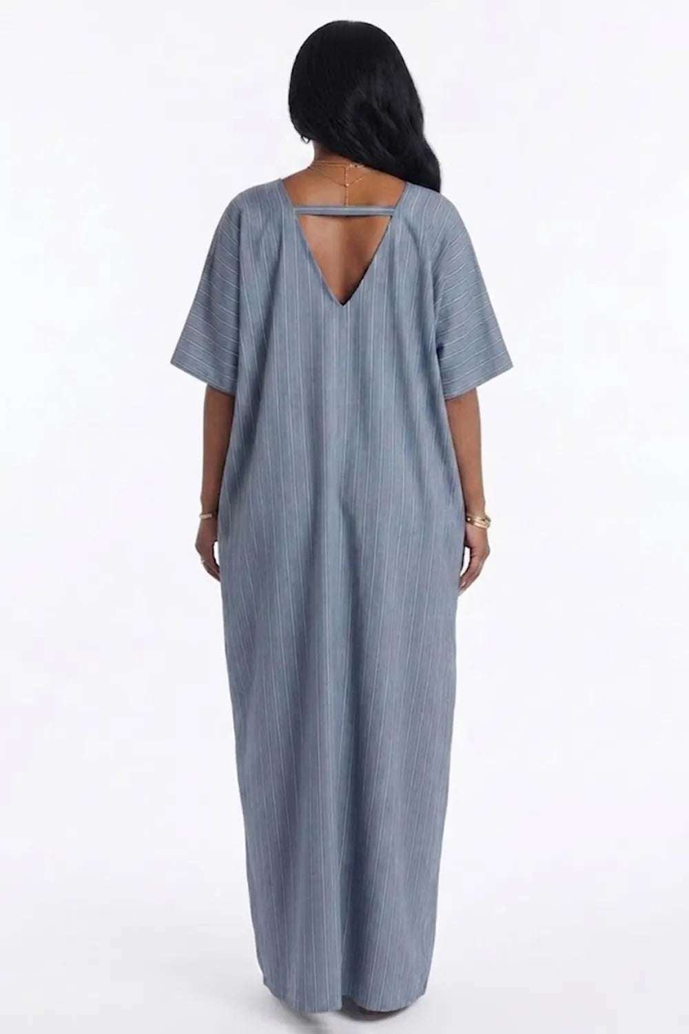 Striped Print V Neck Short Sleeve Loose Fit Vacation Maxi Dresses-Blue