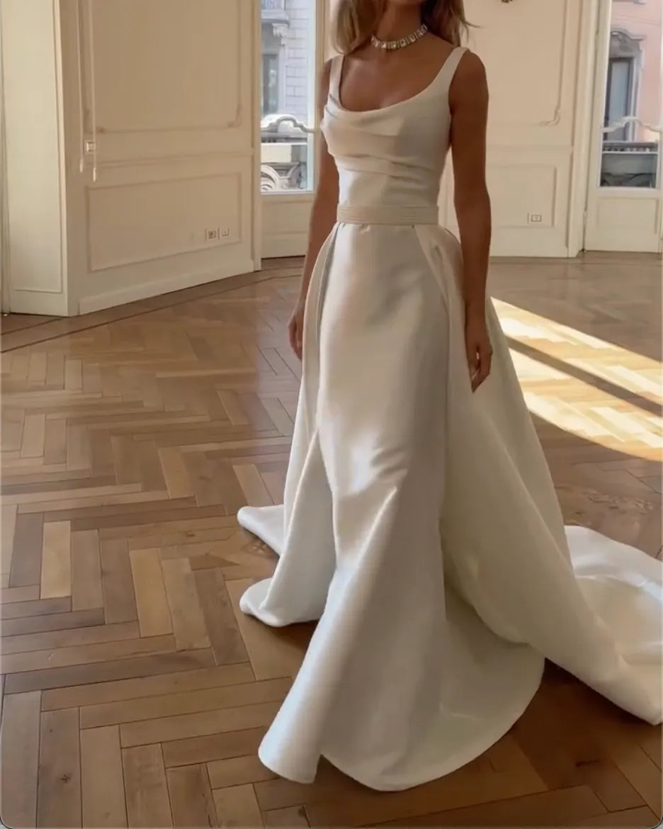Scoop Neck Satin Detachable Overskirt Wedding Dress Spaghetti Strap A Line Bridal Gown With Front Slit