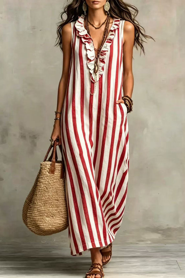 Red Stripe Ruffle V-Neck Boho Maxi Dress