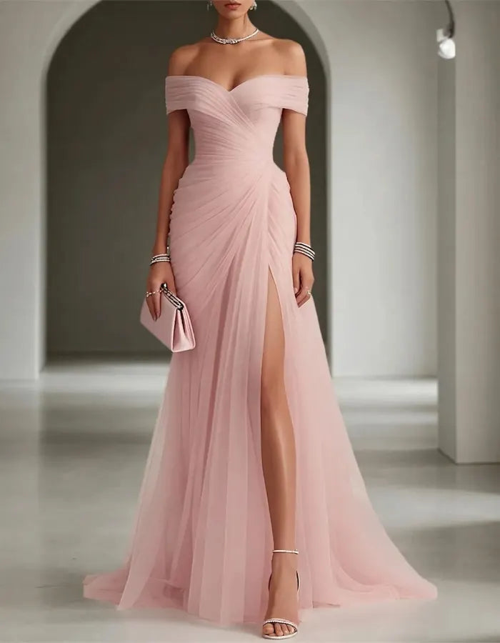 Solid Color Off Shoulder Mesh Ruching And Slit  Maxi Dress