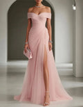 Solid Color Off Shoulder Mesh Ruching And Slit  Maxi Dress