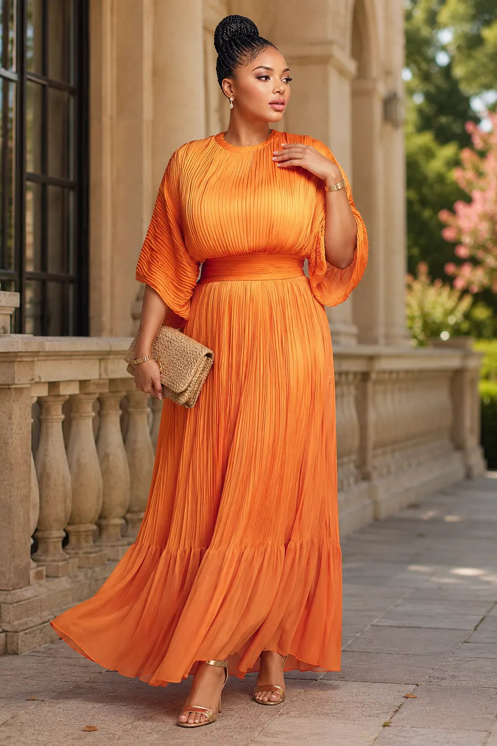 Mother Of The Bride Orange Round Neck Short Sleeve Pleated Maxi Dresses