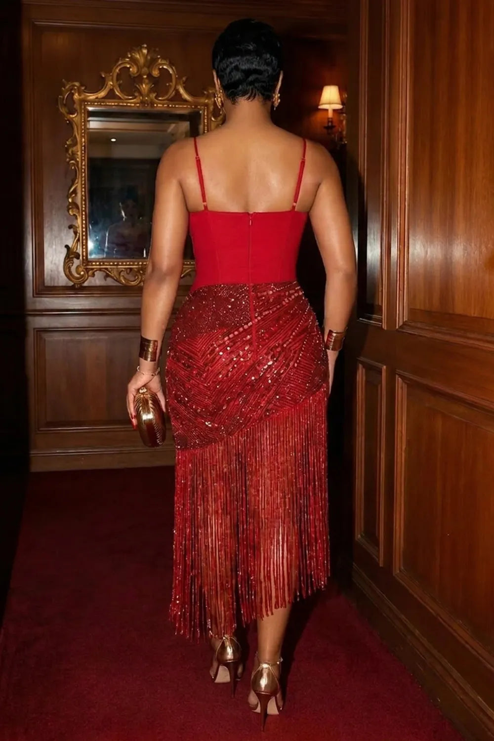 Cami Neck Mesh Rhinestone Long Fringe Party Midi Dresses-Red [Pre Order]