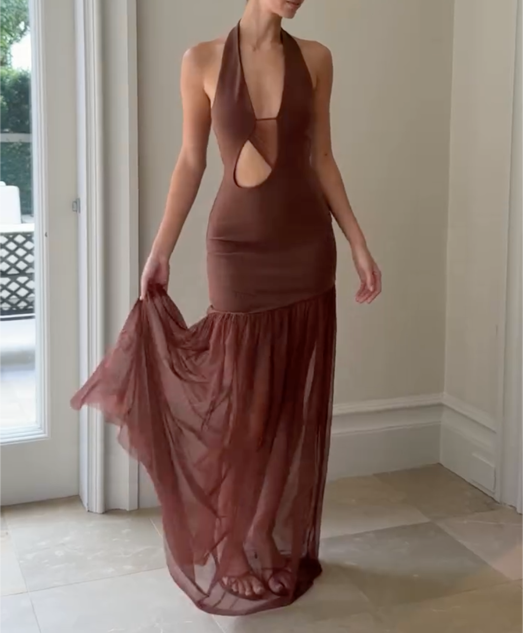 Caramel Brown Halter Maxi Dress with Cutout Detail & Sheer Mesh Mermaid Skirt