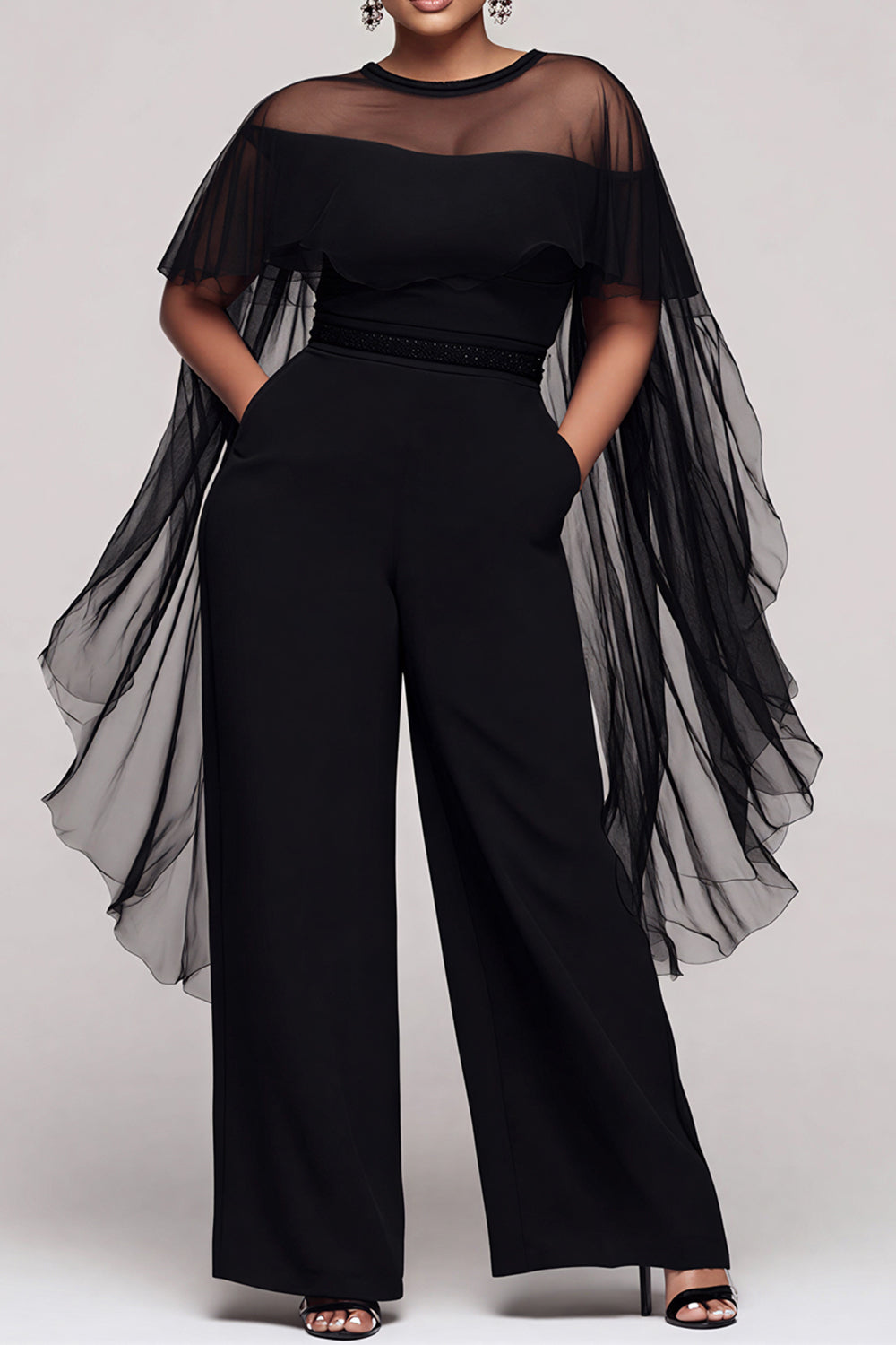 Elegant Black Round Neck Cape Sleeve Short Sleeve See Through Pocket Tulle Jumpsuits