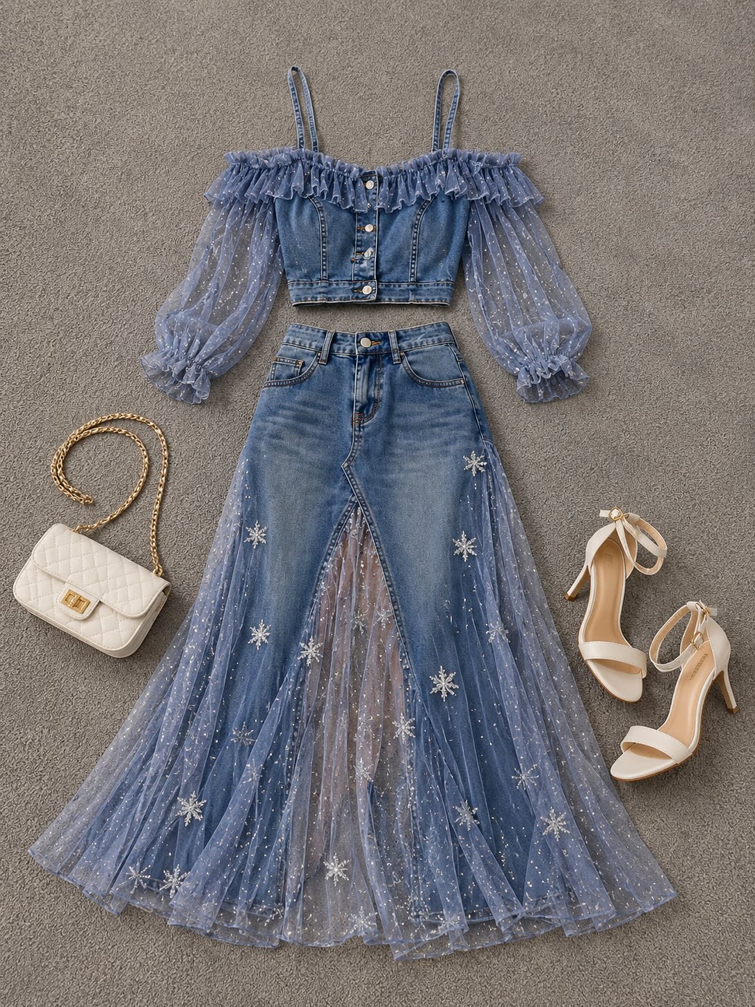 Off Shoulder Tulle Puff Sleeve Denim Crop Top & Star Tulle Maxi Skirt Two Piece Set