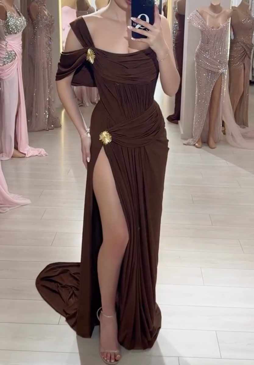 Chocolate Brown Off-the-Shoulder Maxi Dress with Gold Sunburst Accents & High Thigh Slit