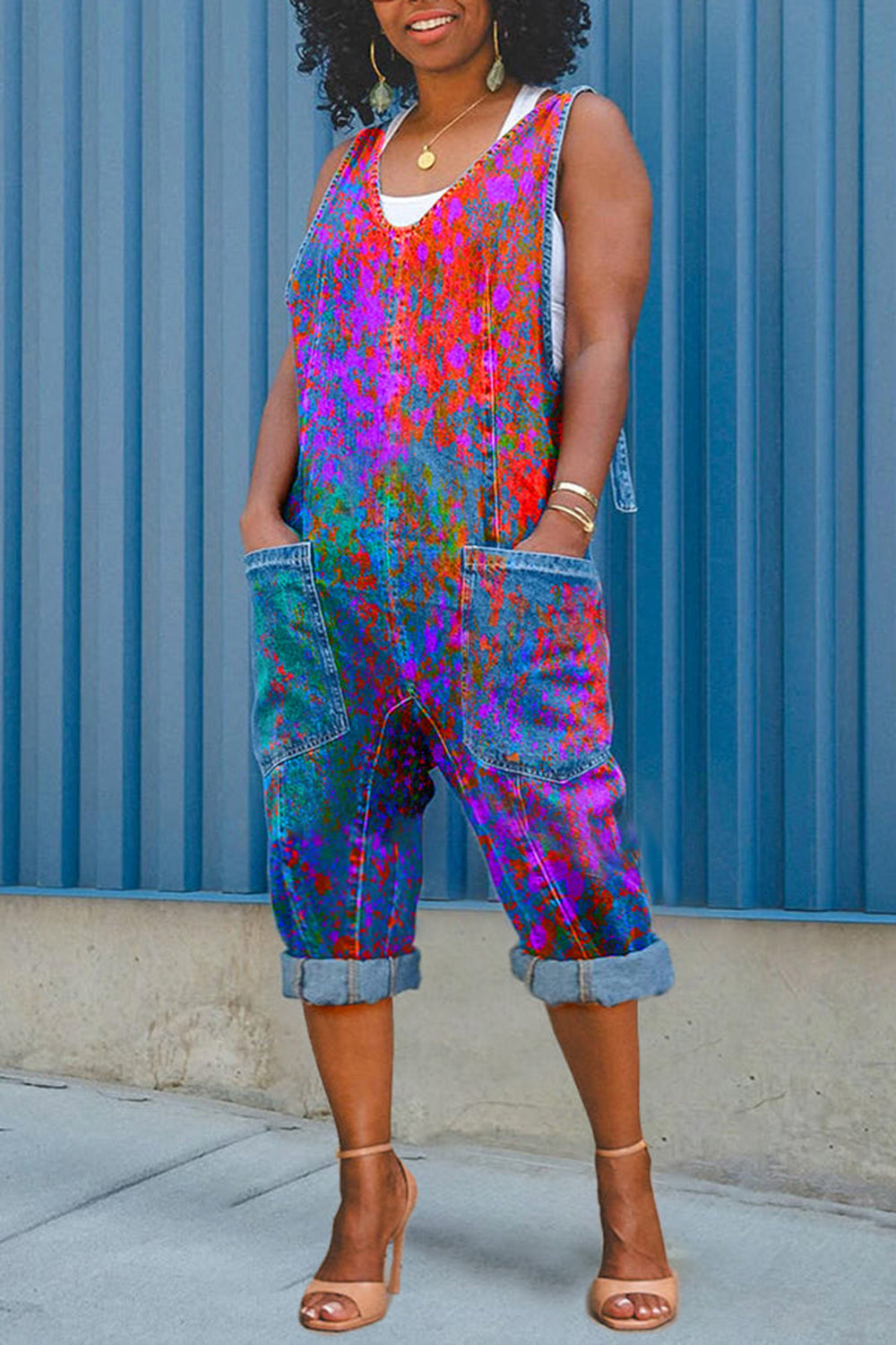 Plus Size Daily Blue Casual Tie Dye V Neck Pocket Denim Jumpsuits