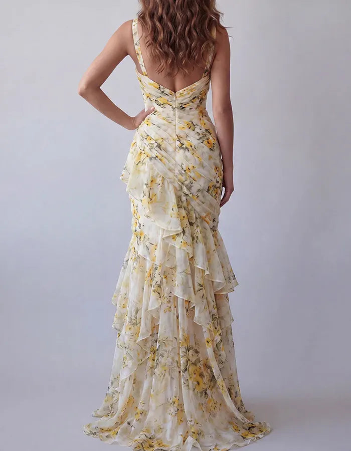 Yellow Floral V-Neck Chiffon Tiered Mermaid Maxi Dress