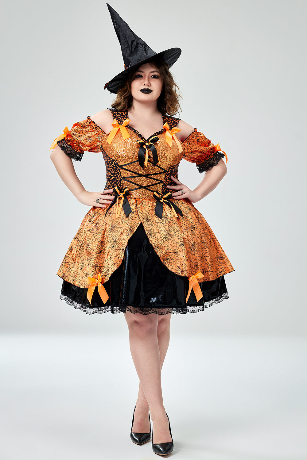Halloween Costume Orange Witch Cold Shoulder Mini Dress (With Hat)(Ships 24h)