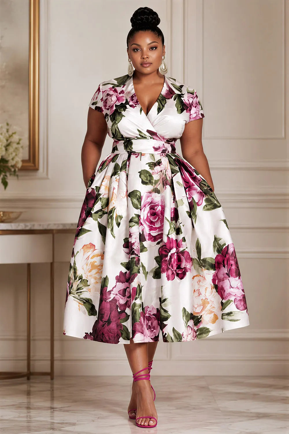 Wedding Guest Elegant Pink Floral Wrap Neck Short Sleeve Pocket Satin Midi Dresses [Pre-Order]