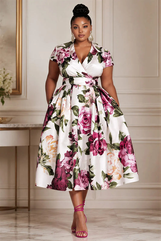 Wedding Guest Elegant Pink Floral Wrap Neck Short Sleeve Pocket Satin Midi Dresses [Pre-Order]
