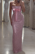 Blush Pink Sequin Square Neck Maxi Dress with Satin Bow