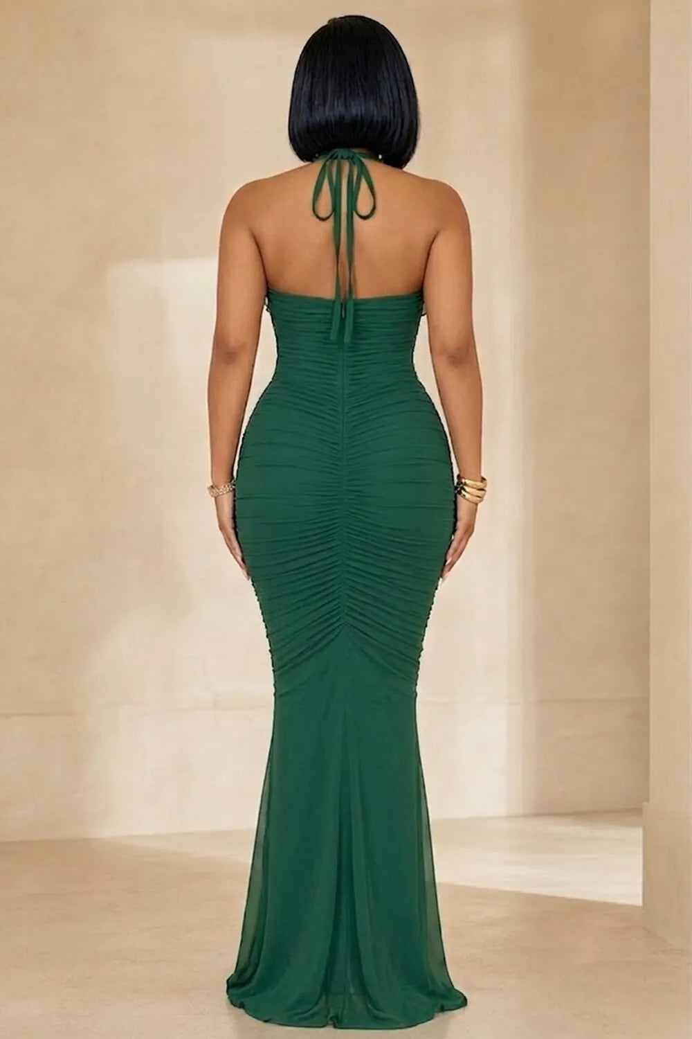 Halter Neck Ruffle Trim Ruched Front Slit Slim Maxi Dresses-Green [Pre Order]