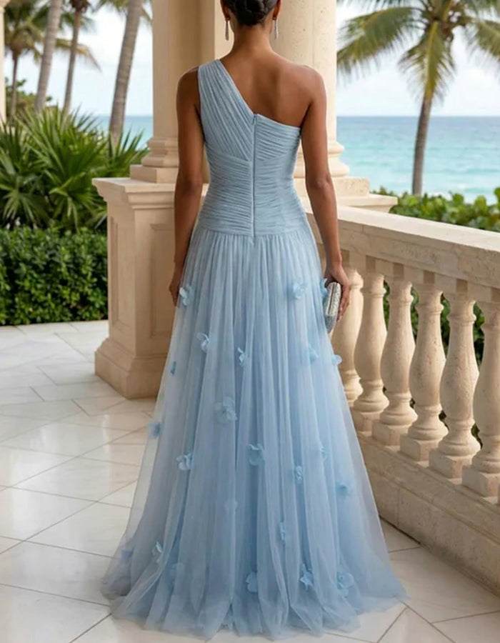 Sky Blue Chiffon One-Shoulder Ruched Maxi Dress