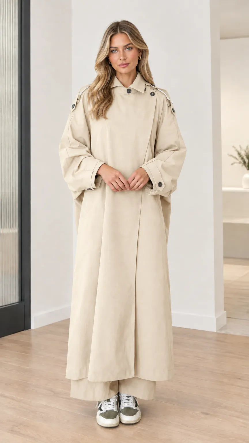 Women's Oversized Maxi Duster Trench Coat with Buttoned High Neck