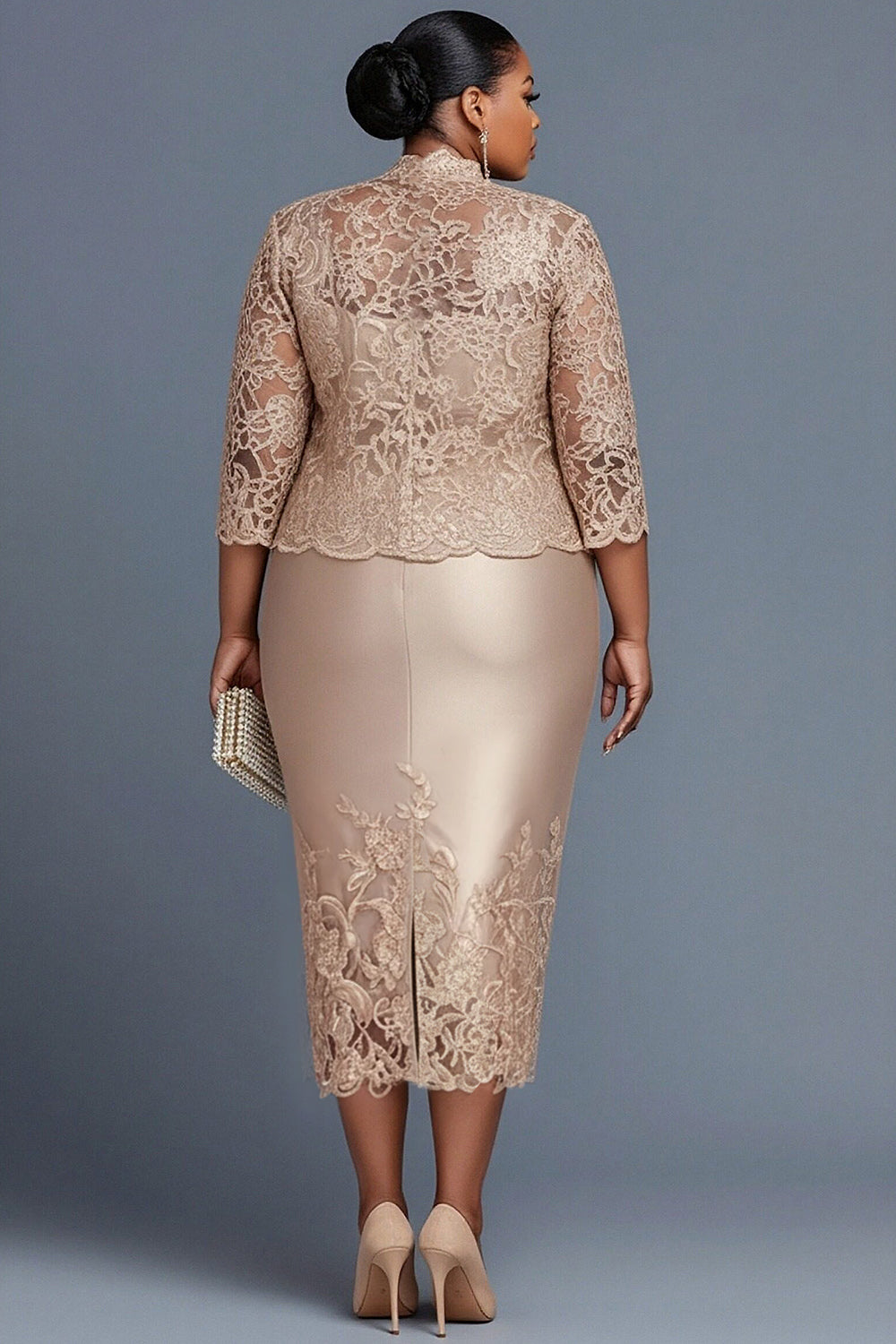 Cocktail Party Lace Champagne Round Neck 3/4 Sleeve Contrast Bodycon Satin Two Piece Dress Sets