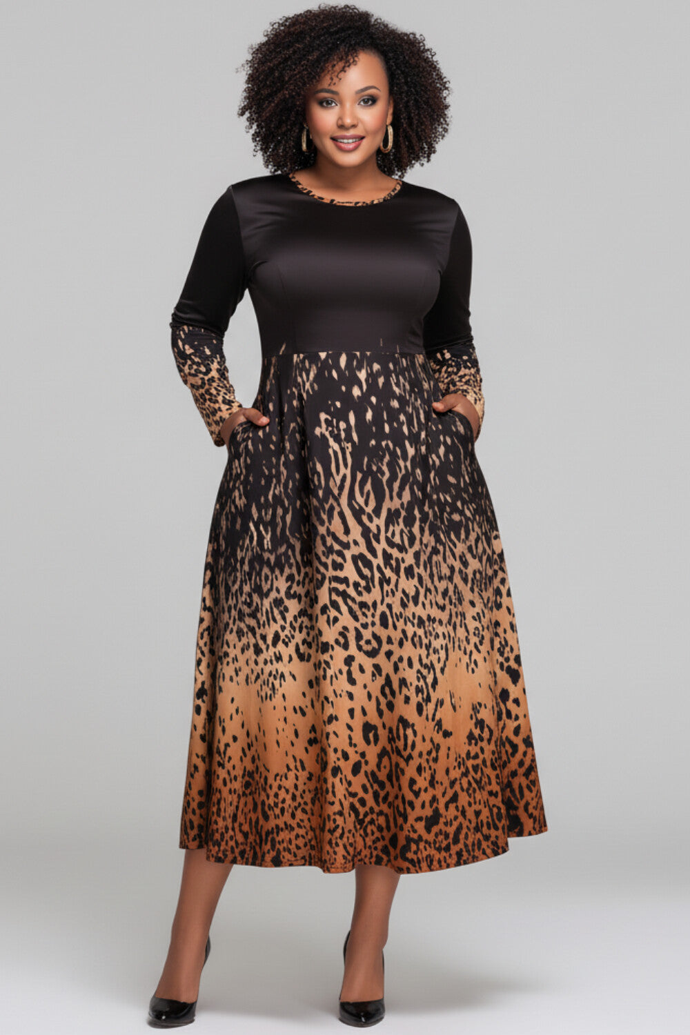 Business Casual Brown Leopard Round Neck Long Sleeve Pocket Elegant Midi Dresses