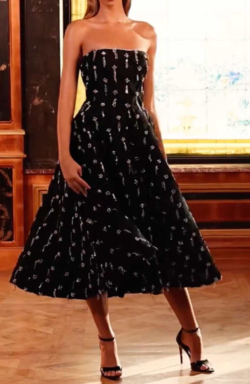 Black Strapless Embellished Tea-Length Maxi Dress