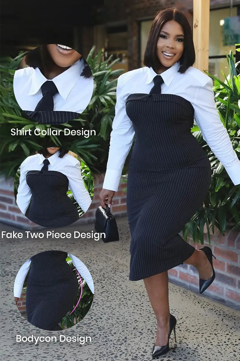 Women's Commuter Shirt Fake-Two-Piece Stripe Dress