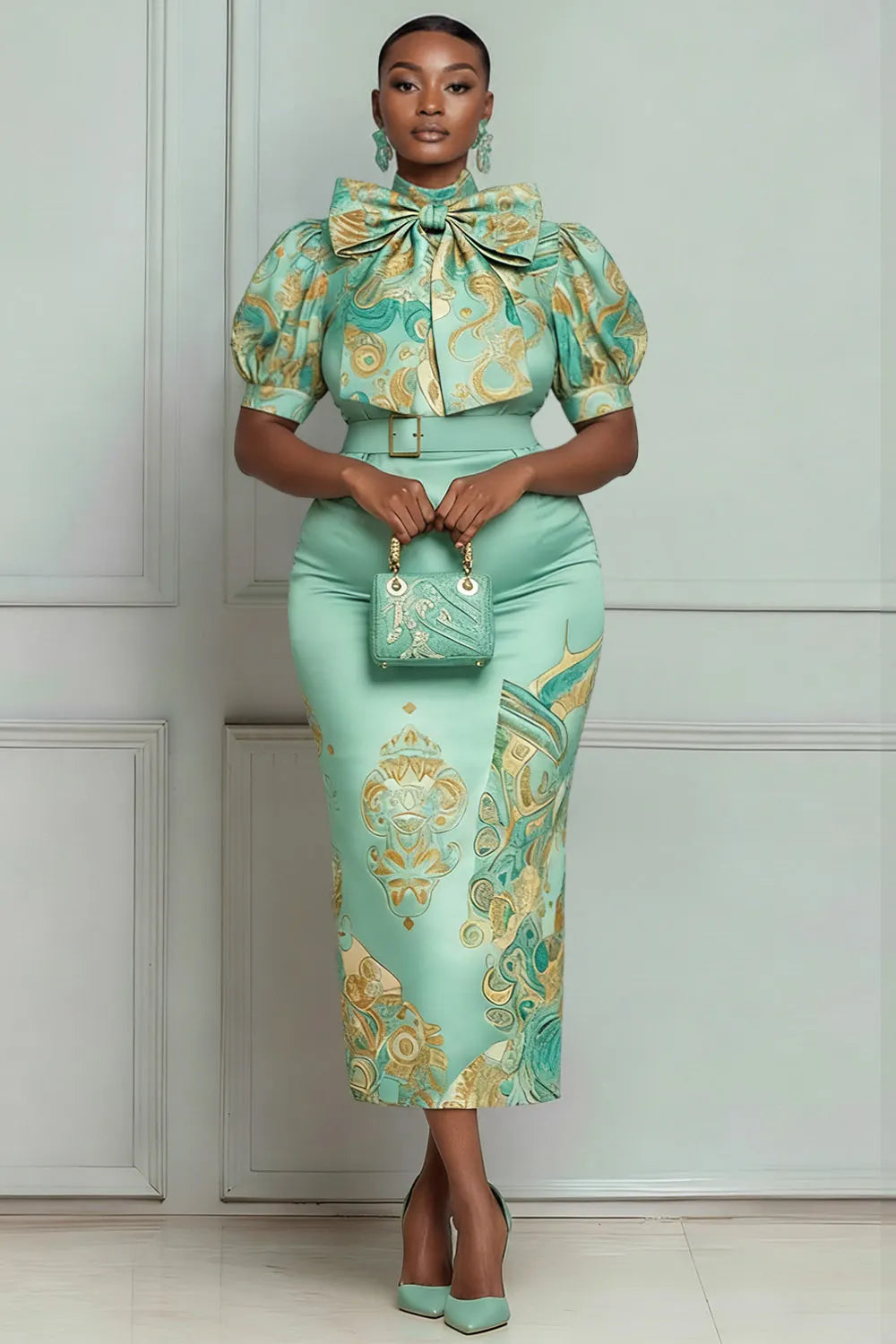 Mother Of The Bride Sage Green Floral Mock Neck Short Sleeve Bow Tie Bodycon Satin Two Piece Skirt Sets
