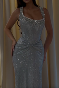 Silver Square Neck Mermaid Evening Gown - Crystal Embellished Waist Twist Formal Dress