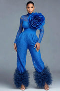 Blue High Collar Long Sleeve 3D Elegant Pocket Lace Jumpsuits