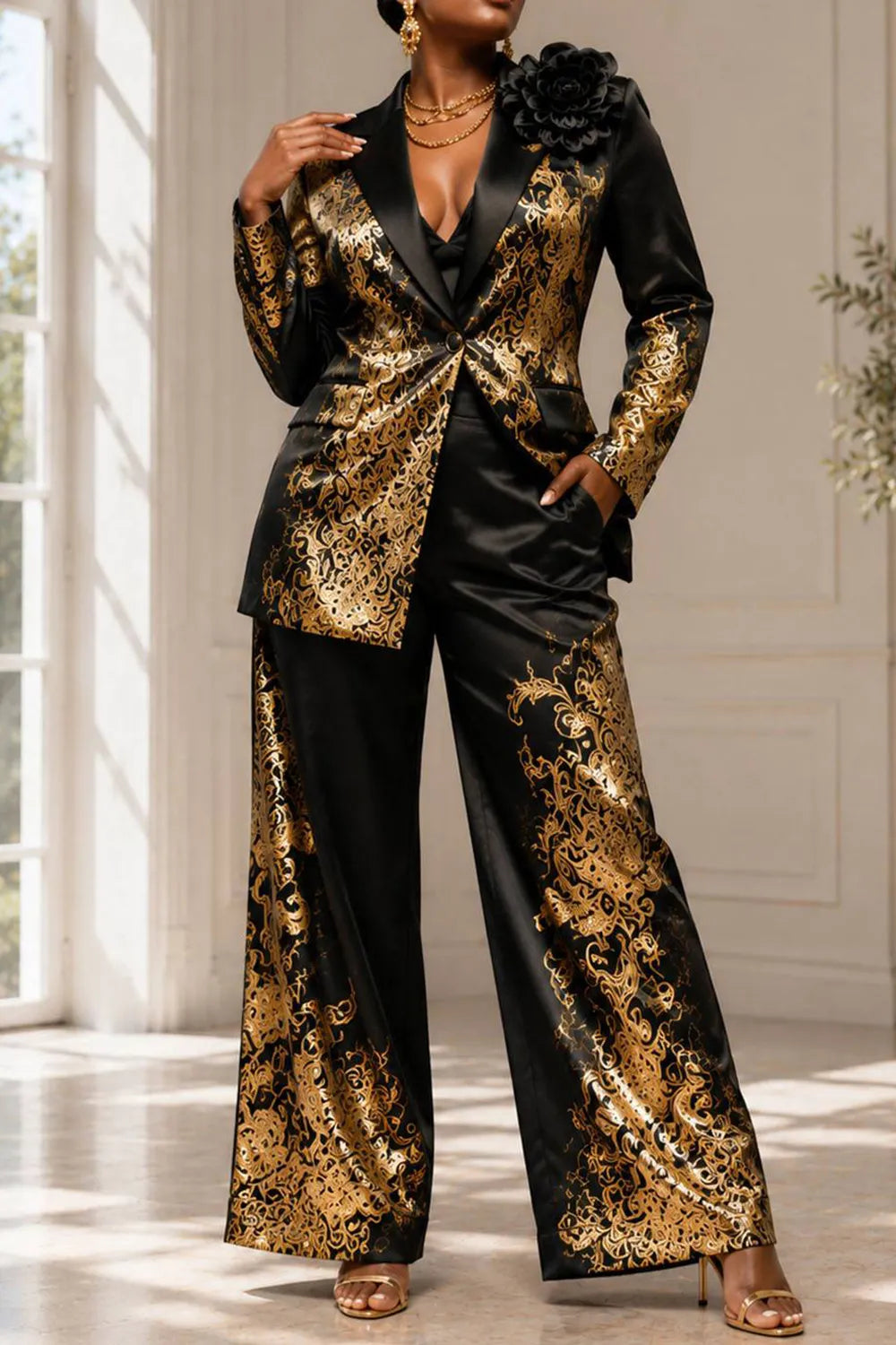 Gold Foil Print Lapel Collar Long Sleeve Pocket Satin Two Piece Pant Suits [Pre-Order]