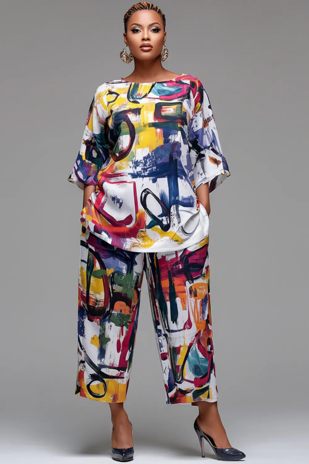 Vacation Multicolor All Over Print Round Neck Flare 3/4 Sleeve Pocket Two Piece Pant Sets