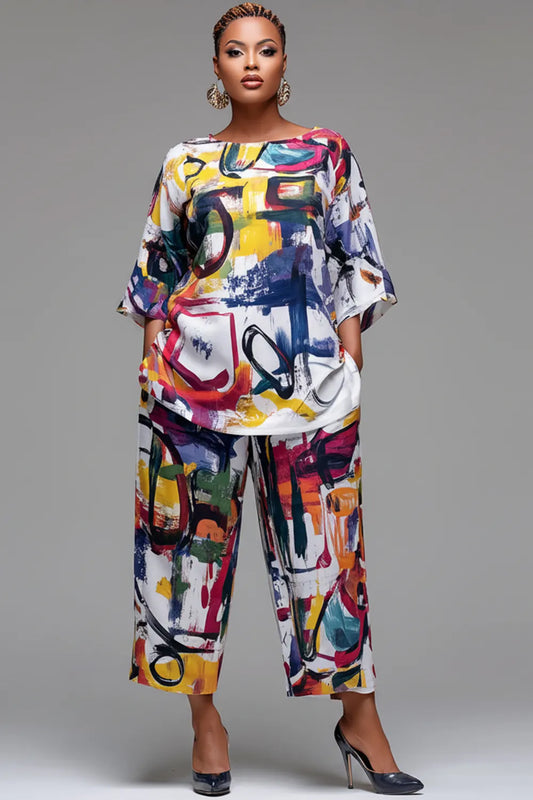 Vacation Multicolor All Over Print Round Neck Flare 3/4 Sleeve Pocket Two Piece Pant Sets