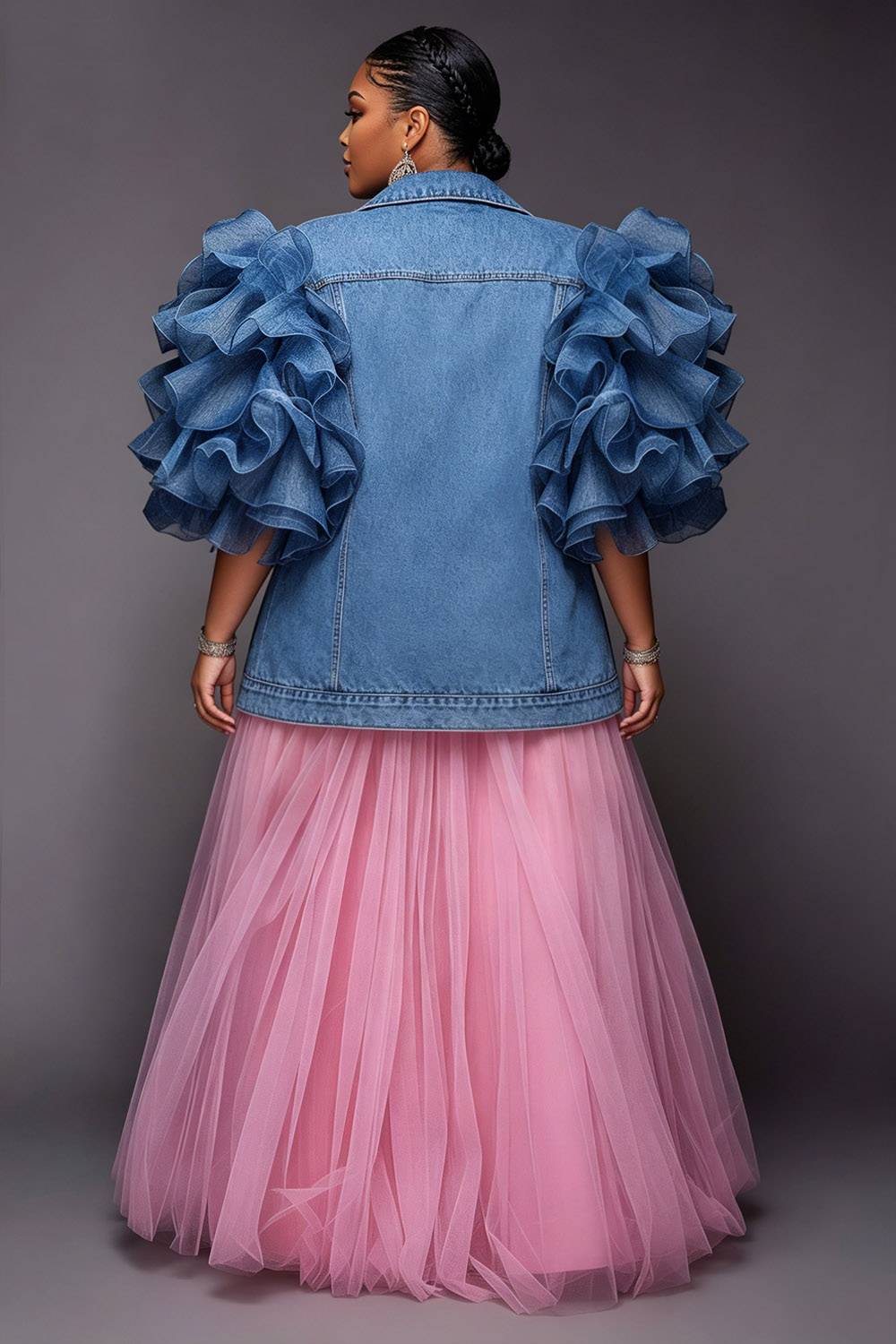 Xpluswear Design Plus Size Party Tulle Blue Shirt Collar Short Sleeve Ruffle Contrast Denim Jacket
