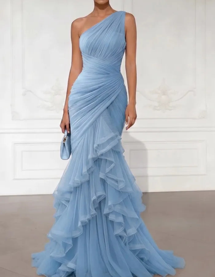 Blush One-Shoulder Ruched Tulle Ruffle Gown – Romantic Formal Elegance