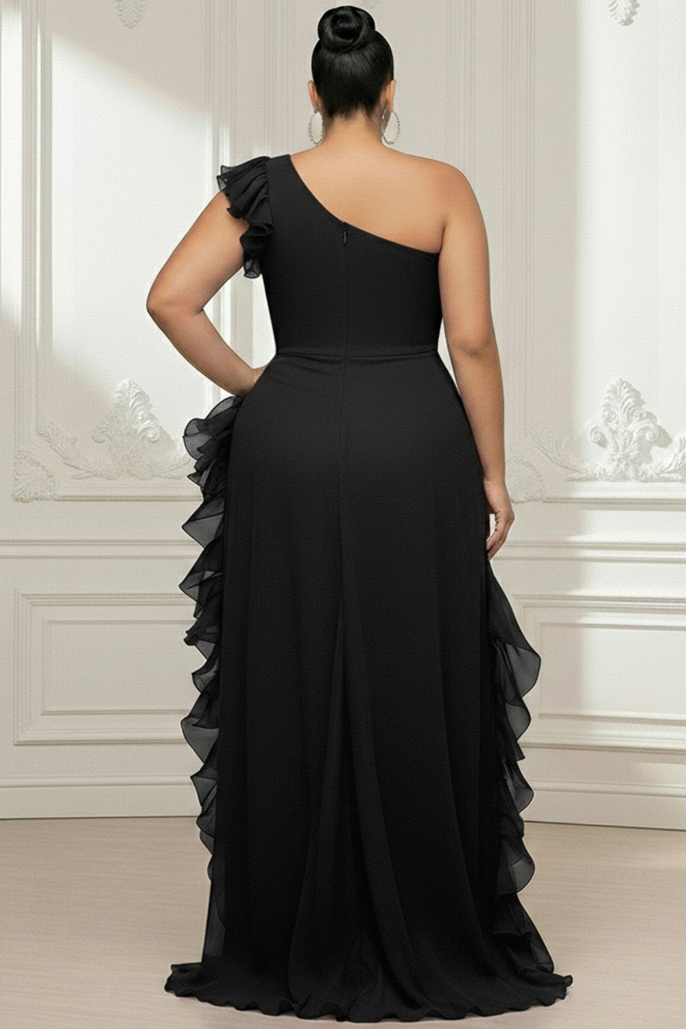 Black Oblique Collar One Shoulder Ruffle Split Chiffon Maxi Dresses